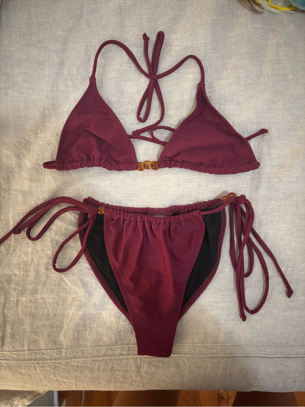 Women's Burgundy Tie-Side Triangle Bikini Set